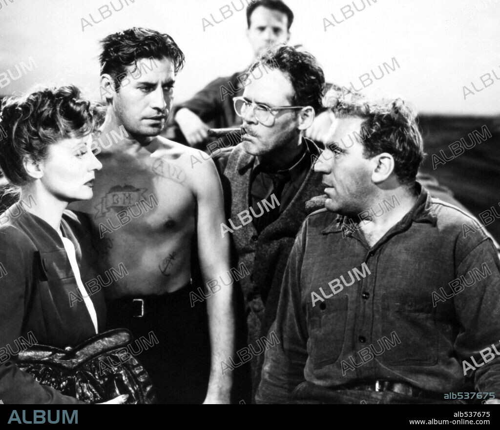 HENRY HULL, JOHN HODIAK, TALLULAH BANKHEAD and WILLIAM BENDIX in LIFEBOAT, 1944, directed by ALFRED HITCHCOCK. Copyright 20TH CENTURY FOX.