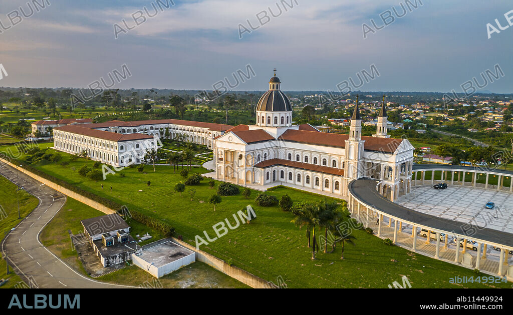 Aerial of the Basilica of the Immaculate Conception, Mongomo, Rio Muni, Equatorial Guinea, Africa.