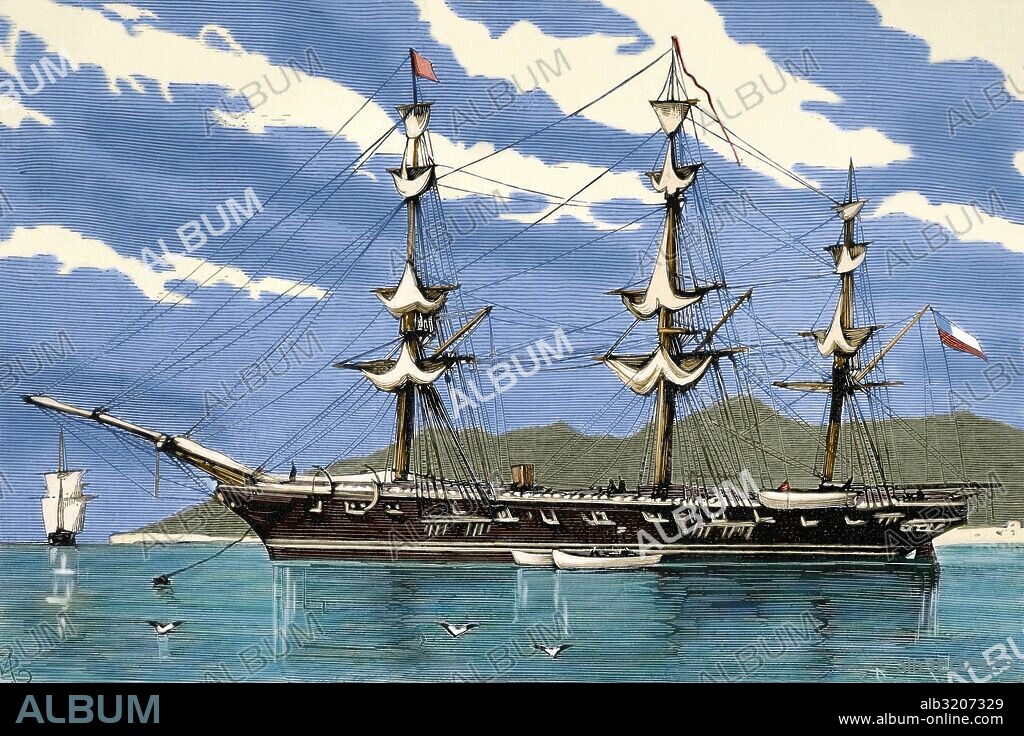 Guerra del Pacífico o Guerra del Guano o Salitre. Conflicto que enfrentó a Chile contra sus aliados Bolivia y Perú. Se desarrolló en el Pacífico y desierto de Atacama, 1879-1883. " Corbeta chilena Esmeralda antes del combate". Grabado por Capus. La Ilustración Española y Americana. Año 1879. Coloreado.