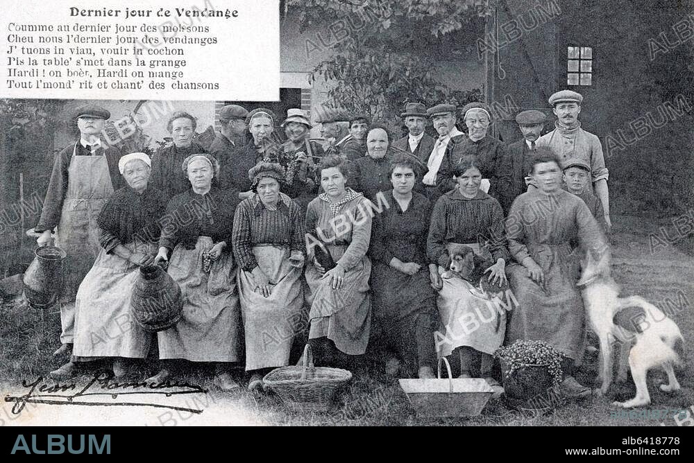 France|Chanson de Jean Rameau sur les vendanges|Un groupe de vendangeurs-vin-vigne-vigneron|Carte postale|Début XX°|.