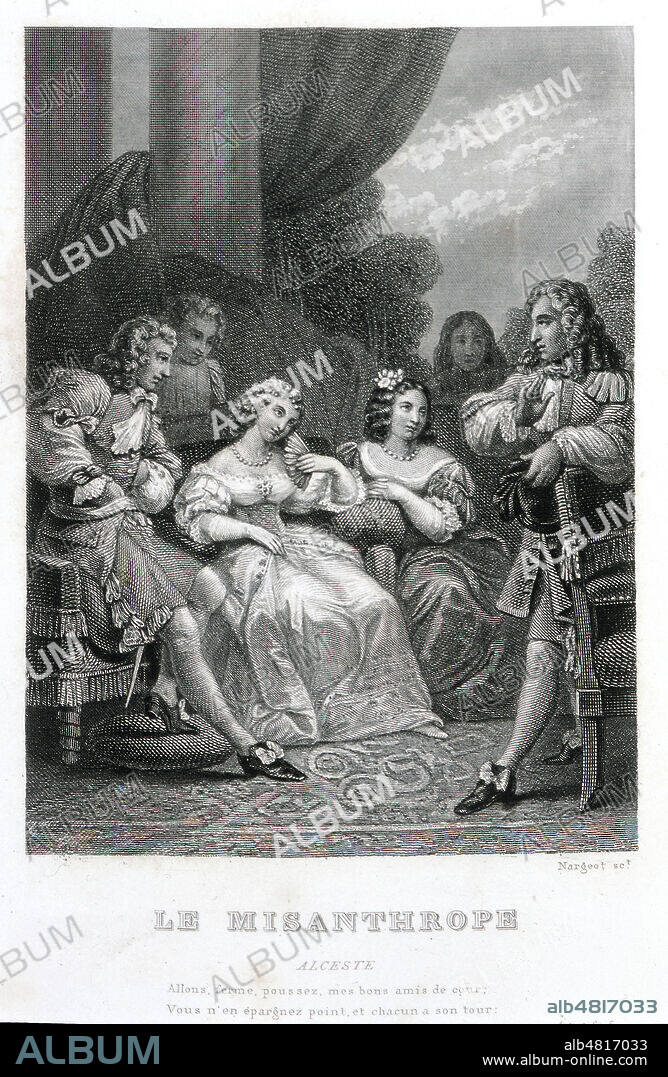 Le MISANTHROPE, piece de MOLIERE. 'ALCESTE : Allons, Ferme, poussez mezs bons amis de cour, vous n'en epargnez point et chacun a son tour' Gravure de Francois Harrewyn pour le frontispice et page de titre in Les Oeuvres de MOLIERE, 1ere edition complete illustree, 1694. Credit Collection Grob/KHARBINE TAPABOR.