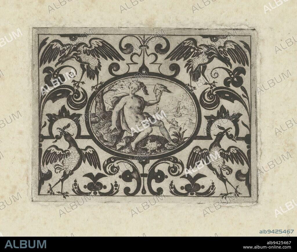 Ornamental print with birds, Ornamental print with birds. In the center, a female personification of Feeling (Taste) with a pecking bird (probably from a series featuring the five senses)., print maker: Heinrich Renbage, Cologne, c. 1600, paper, engraving, height 47 mm × width 60 mm, height 130 mm × width 176 mm.