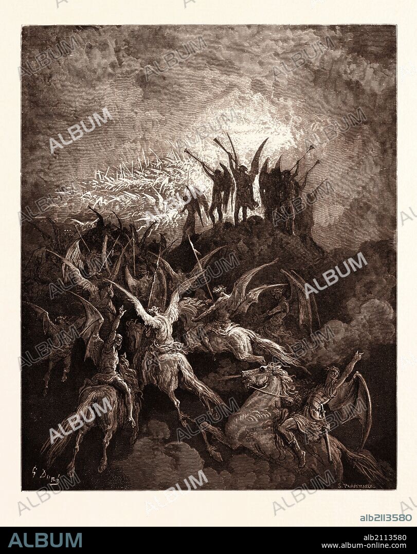 THE REBEL ANGELS SUMMONED TO THE CONCLAVE, BY GUSTAVE DORÉ. Dore, 1832 - 1883, French. Engraving for Paradise Lost by Milton. 1870, Art, Artist, romanticism, colour, color engraving.