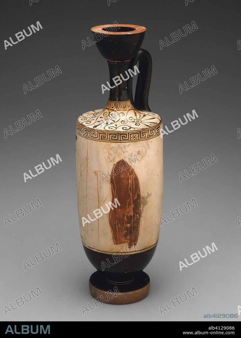 AQUILES (PINTOR). Lekythos (Oil Jar). Greek; Athens; Attributed to the Achilles Painter. Date: 445 BC-440 BC. Dimensions: H. 30.8 cm (12 1/8 in.); diam. 9.8 cm (3 7/8 in.). Terra-cotta, decorated in the white-ground technique. Origin: Athens.