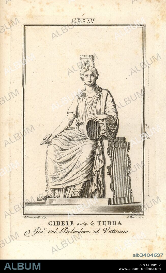 Statue of Cybele or Terra Mater, Roman goddess of the earth, with tympanum drum and naiskos headdress. Copperplate engraving by Giacomo Bossi after an illustration by A. Deangelis from Pietro Paolo Montagnani-Mirabili's Il Museo Capitolino (The Capitoline Museum), Rome, 1820.