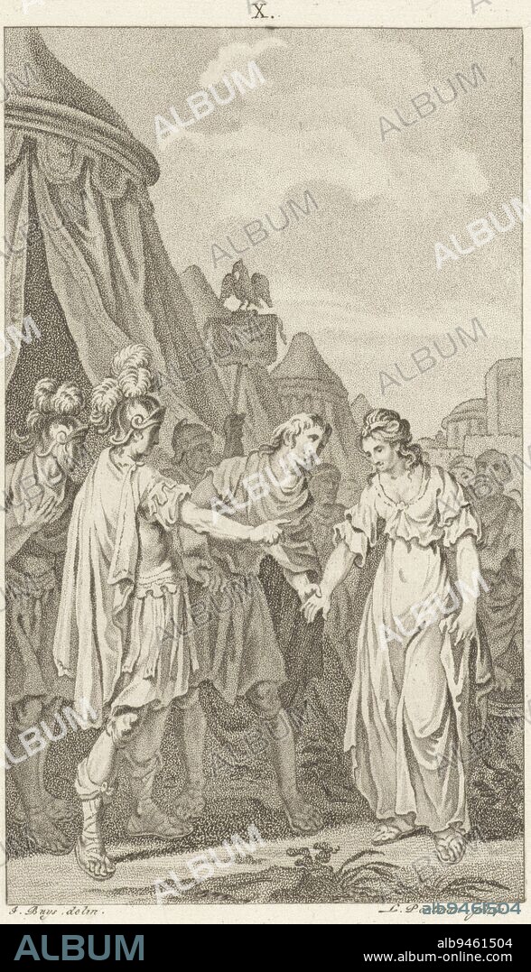 Allucius is reunited with his betrothed by Publius Cornelius Scipio Africanus In gratitude, he grasps the hand of the Roman general, Virtue of Scipio Nobility of Scipio , print maker: Ludwig Gottlieb Portman, (mentioned on object), intermediary draughtsman: Jacobus Buys, (mentioned on object), Amsterdam, 1795, paper, h 212 mm × w 130 mm.