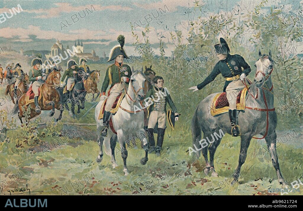 'Napoleon and Alexander at Erfurt', 1808, (1896). Meeting at Erfurt in Thüringen, central Germany, of Napoleon Bonaparte (1769-1821) and Tsar Alexander I of Russia (1777-1825), between 27 September and 14 October 1808. Typogravure after the aquarelle by F De Myrbach.  From Life of Napoleon Bonaparte, Volume III, by William Milligan Sloane. [The Century Co., New York, 1896].
