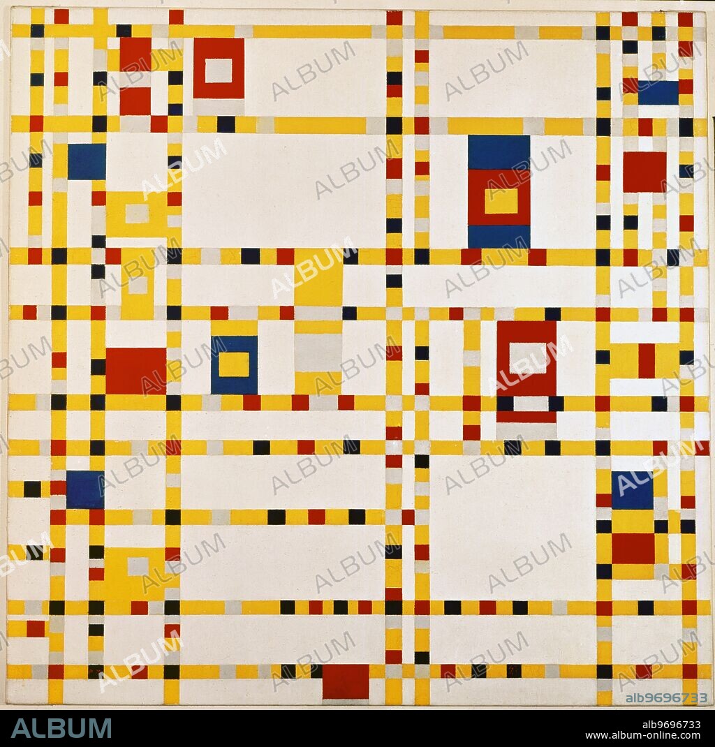 Broadway Boogie Woogie (1942-43) Oil on canvas, . by Piet Mondrian. Piet Mondrian (March 7, 1872 - February 1, 1944) was a Dutch painter and an important contributor to the De Stijl art movement, which was founded by Theo van Doesburg. Despite being well-known, often-parodied, and even trivialized, Mondrian's paintings exhibit a complexity that belie their apparent simplicity. He is best known for his non-representational paintings (which he called compositions), consisting of rectangular forms of red, yellow, blue, or black, separated by thick, black, rectilinear lines. They are the result of a stylistic evolution that occurred over the course of nearly thirty years, and which continued beyond that point to the end of his life.. ©TopFoto.