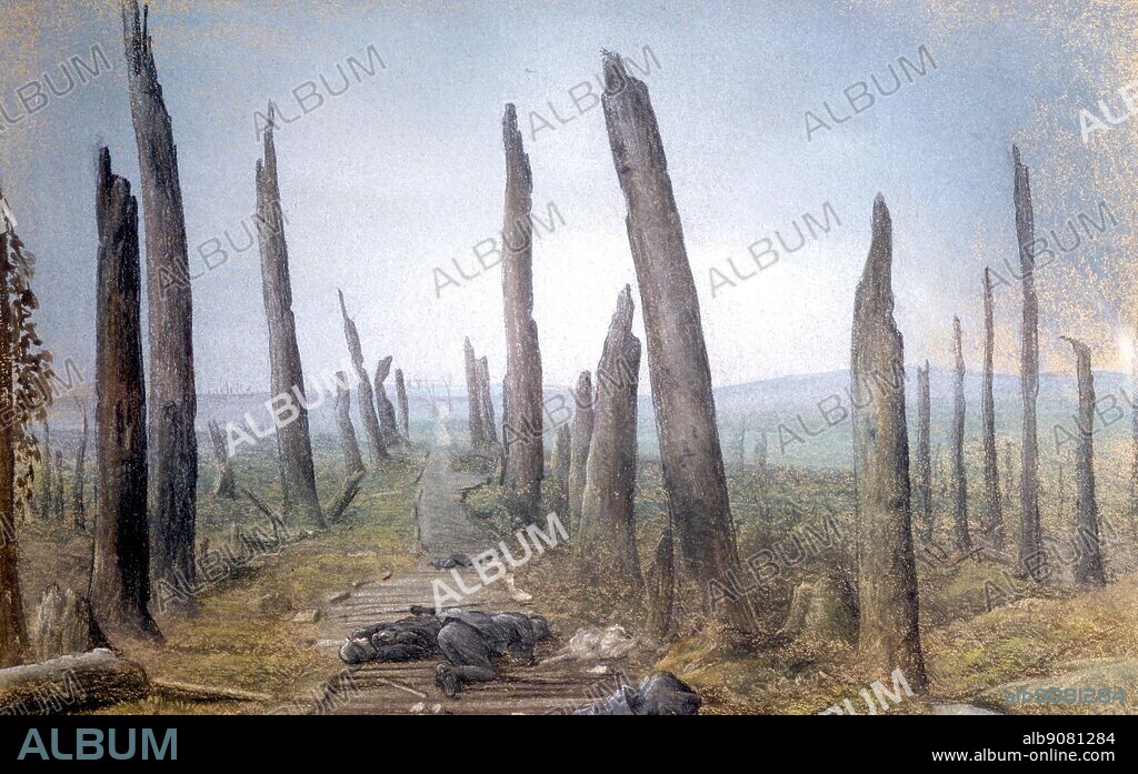 Battle of the Somme. Slatted path between broken trees and German corpses. An artist impression of the grim landscape of the battlefield by N.S. Lytton (Neville Stephen Lytton d.1951).