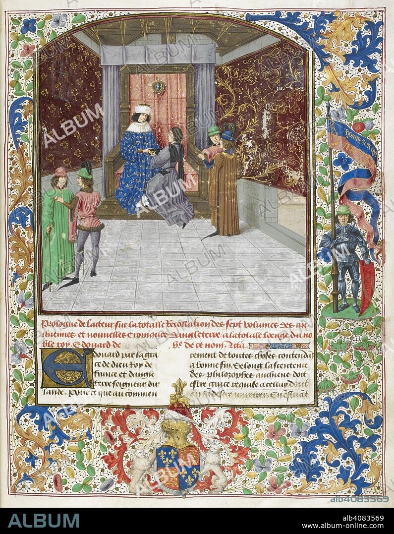JEAN DE WAVRIN. Miniature of Edward IV enthroned, wearing the order of the Golden Fleece, receiving the book from Jean Wavrin. A full border containing the royal arms of England encircled by the Garter and supported by two white lions, and a knight holding a banner with the motto 'Honny soit qui mal y pense'. An illuminated initial 'E'(douard), at the beginning of the prologue. Anciennes et nouvelles chroniques d'Angleterre, volume 1. Netherlands, S. (Bruges); after 1471, before 1483. Source: Royal 15 E. IV, f.14. Language: French.