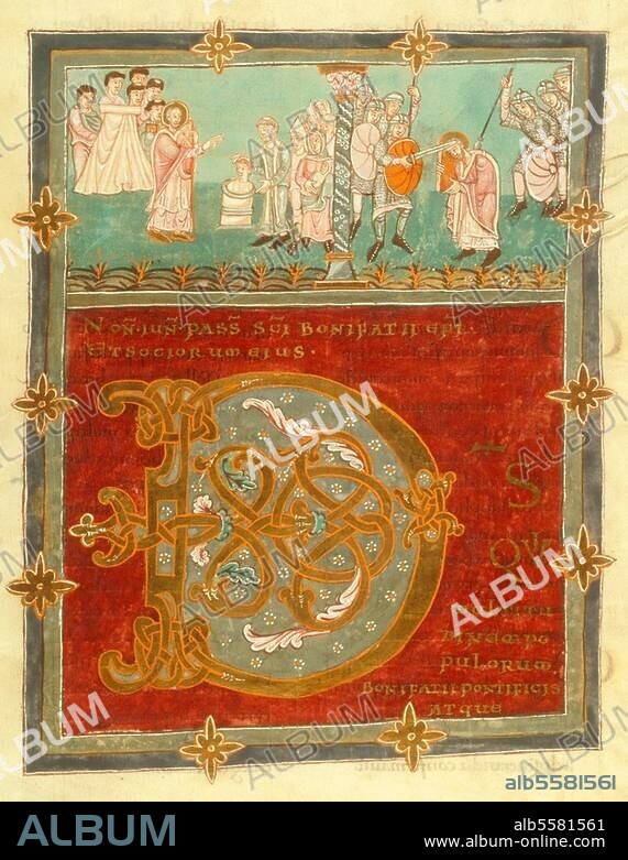 ANONYM. Bonifatius, eigentl. Winfried, Heiliger. "Apostel der Deutschen", um 672-754. Taufe von Germanen und Märtyrertod des Bonifatius (bei Dokkum 5.6.754). Buchmalerei, Fulda, 975. Aus dem Sakramentar aus der Kirche S. Salvatoris zu Fulda. 2o Cod. Ms. Theol. 231 Cim., Bl. 87r, Göttingen, Universitätsbibliothek.