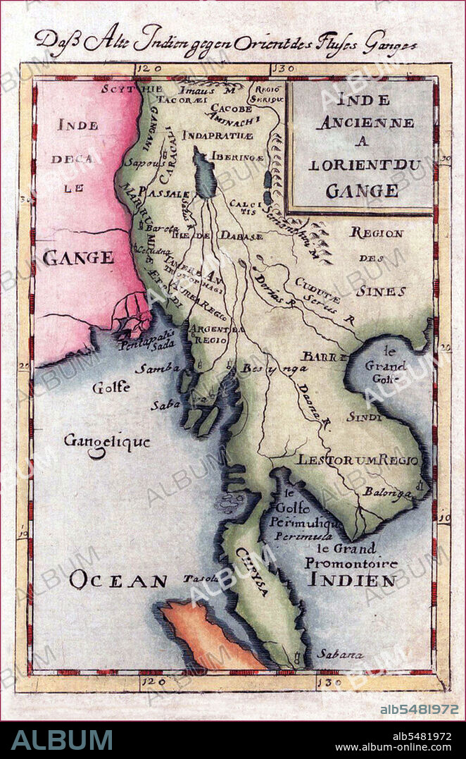 Inde Ancienne A l'Orient Du Gange - Dass Alte Indien gegen Orient des Flusses Ganges' (Ancient India to the East of the Ganges), Allain Manesson Mallet, Frankfurt, 1719. Copper-engraving, handcolored in wash and outline. Decorative engraved map showing Burma and Thailand with Laos, Cambodia, Vietnam and the Malay peninsula. The mythical 'Lake Chiamay or 'Lake Chiang Mai' is prominent in the upper centre of the map, but is unnamed.