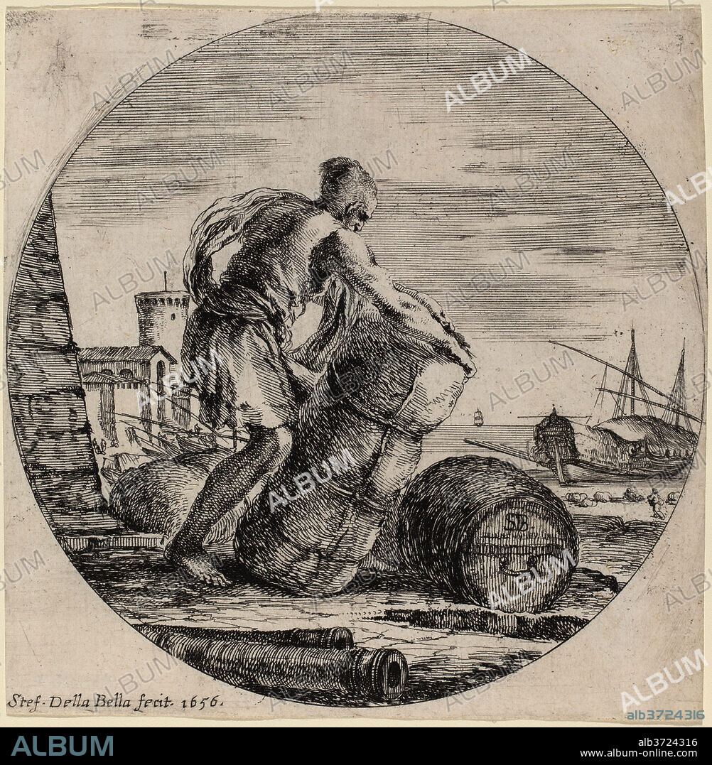STEFANO DELLA BELLA. Galley Slave Hauling a Ship's Cargo. Dated: 1656. Dimensions: sheet (trimmed within plate mark): 12.9 x 12.7 cm (5 1/16 x 5 in.). Medium: etching on laid paper.