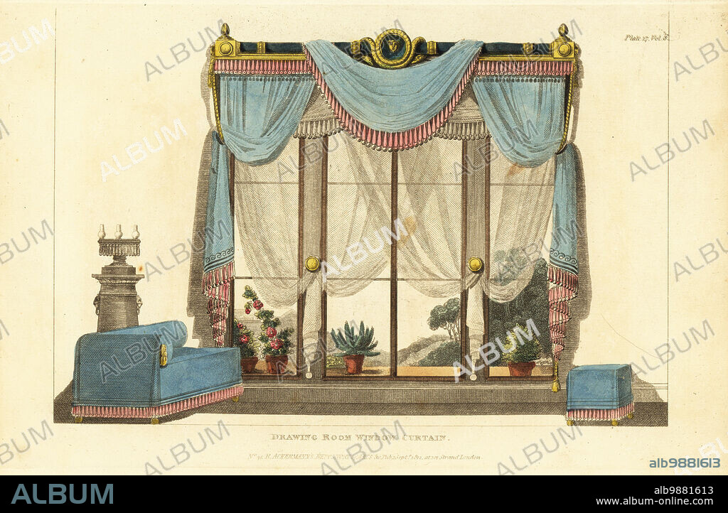 Drawing room window curtain, cornices, ornamented with French fringe and muslin curtains under blue damask. Grecian sofa and stool, patent pedestal lamp. Handcoloured copperplate engraving from The Upholsterer's and Cabinet-Maker's Repository consisting of seventy-six designs of modern and fashionable furniture, Rudolph Ackermann, London, 1830.