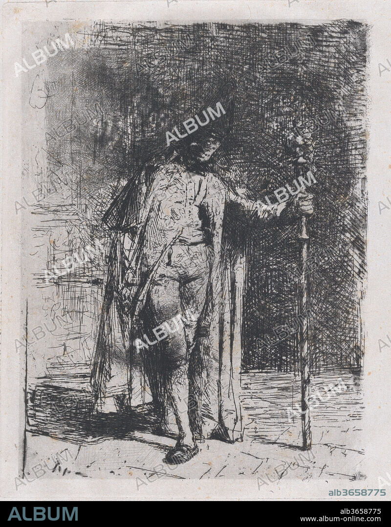 1838-1874 MARIANO FORTUNY. Master of ceremonies, a man standing facing the viewer holding a staff in his left hand. Artist: Mariano Fortuny, 1838-1874 (Spanish, 1838-1874). Dimensions: Sheet: 12 11/16 × 9 1/4 in. (32.2 × 23.5 cm)
Plate: 7 15/16 × 6 5/16 in. (20.2 × 16 cm). Date: ca. 1865.