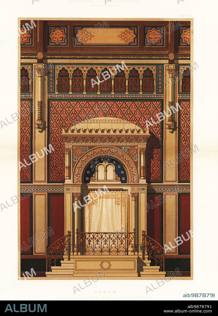 Interior of the synagogue in Dominicanerstrasse, Poznan, Poland, 1884. Wilhelm Cremer & Richard Wolffenstein architects., E. Weckmann painter. Inneres der Synagoge in der Dominicanerstrasse, Posen. Chromolithograph from Ernst Ewalds Farbige decorationen, alter und never Zeit (Color decoration, ancient and new eras), Ernst Wasmuth, Berlin, 1889.