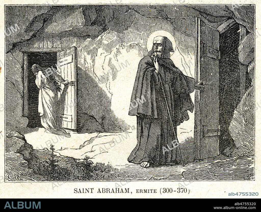 SAINT ABRAHAM ermite (300-370) , fete le16 mars. Gravure in Calendrier des Saints, Vie des Saints pour tous les jours de l'annee, Edition Mame a Tours, vers 1880 . Credit Collection JONAS/KHARBINE TAPABOR.