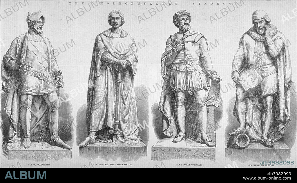 Statues on Holborn Viaduct, City of London, 1869. Statues of Sir William Walworth, Lord Mayor of London, Henry Fitzailwin the first Lord Mayor, Sir Thomas Gresham, founder of the Royal Exchange and Sir Hugh Myddleton, who built the New River to supply water to London in 1609-1613. They were placed in niches on the viaduct. From the Illustrated London News.