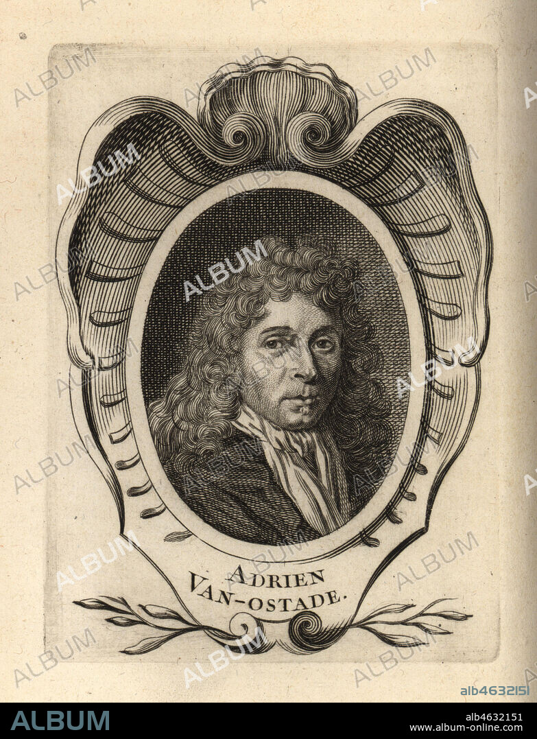 Portrait of Adriaen van Ostade, Dutch Golden Age painter 1610-1685. Adrien Van-Ostade. Copperplate engraving after a portrait by Cornelis Dusart from Antoine-Joseph Dezallier dArgenvilles Abrege de la vie des plus fameux peintres, Lives of the most Famous Artists, de Bure lAine, Paris, 1762.