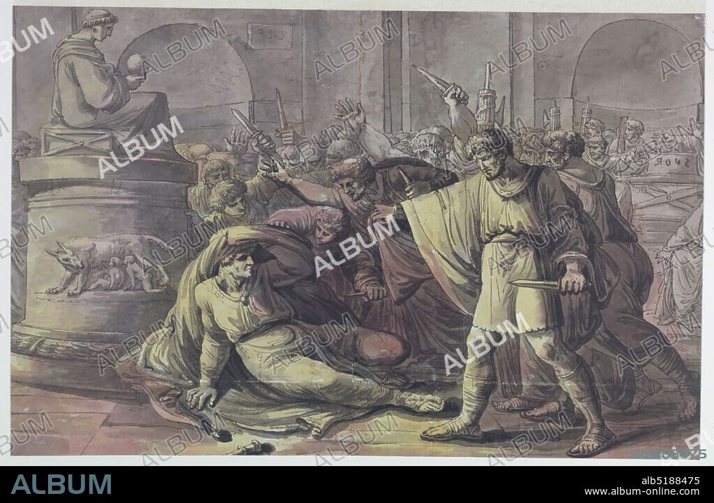 The Death of Julius Caesar, Pen and black ink, gray, red, and yellow wash on white laid paper, laid down, Brutus stands in profile in the right foreground over the dying Caesar to his left. Caesar shields his head with his tunic and lies before a classical statue representing Imperial Rome. A throng of angry senators are shown, with knives upraised and with fasces in the background. On the upper right, a plinth with S.P.Q.R. (in reverse) appears., Bologna, Italy, 180020, figures, Drawing, Drawing.