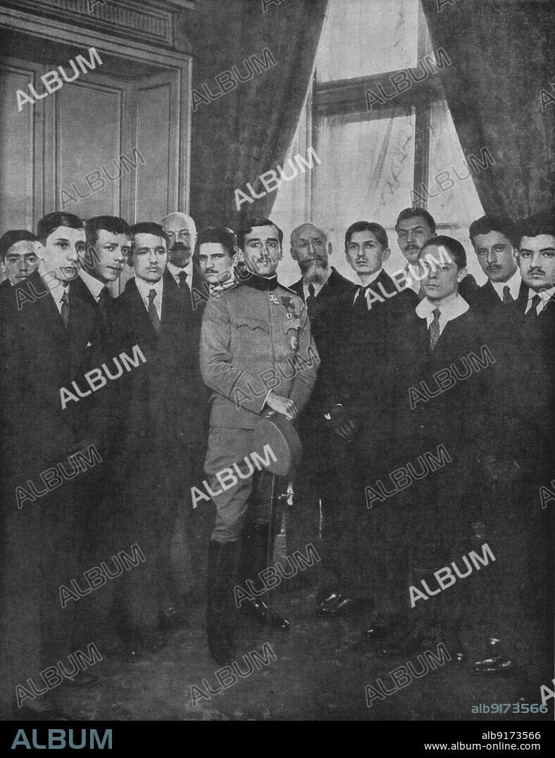 MANUEL. 'Le prince Alexandre et les Lyceens de Paris; reception par le prince regent de Serbie de la delegation des lycees et colleges parisiens, venue pour lui presenter la maquette d'une epee d'honneur', 1916. From "Collection de la Guerre IV. L'Illustration Tome CXLVII. La Guerre Janvier, Fevrier, Mars, Avril, Mai, Juin 1916".