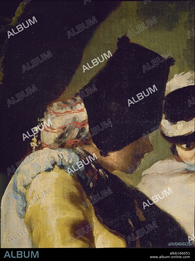 FRANCISCO DE GOYA. LA MAJA Y LOS EMBOZADOS - DETALLE DE LA CABEZA DEL MAJO - 1777 - O/L - NP 771 - CARTON PARA TAPIZ - CONJUNTO 7404.