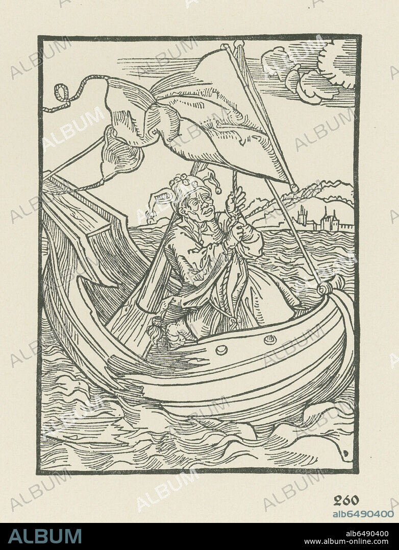 ALBRECHT DÜRER. Verachtung vngfelles (Von der verachtung des Unglücks). Illustration to "Das Narrenschiff" by Sebastian Brant. Published by Johann Bergmann von Olpe, Basel, 11 February 1494. Woodcut, 116 x 84mm. (fol.T7r., Chapter 109).