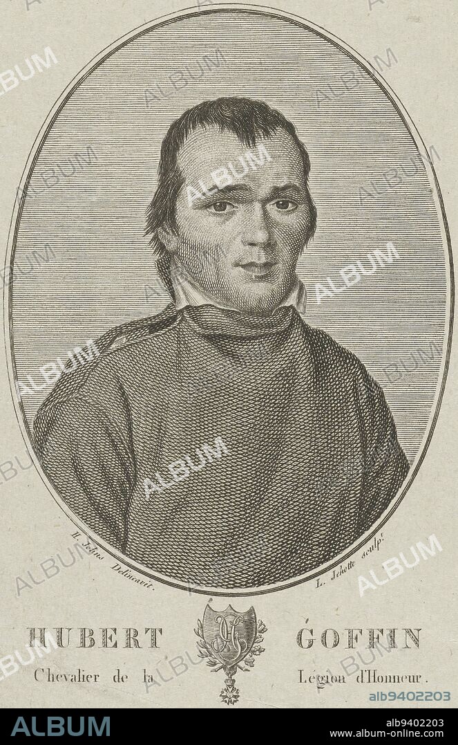 Portrait of Hubert Goffin, Léonard Jéhotte, after H. Johns, 1782 - 1851, Portrait bust of Hubert Goffin, Knight of the Legion d'Honneur. Below the frame a coat of arms with monogram and the name and function of the person portrayed. Below the coat of arms two lines in French., print maker: Léonard Jéhotte, (mentioned on object), intermediary draughtsman: H. Johns, (mentioned on object), Zuid-Nederland, 1782 - 1851, paper, engraving, h 195 mm × w 101 mm.