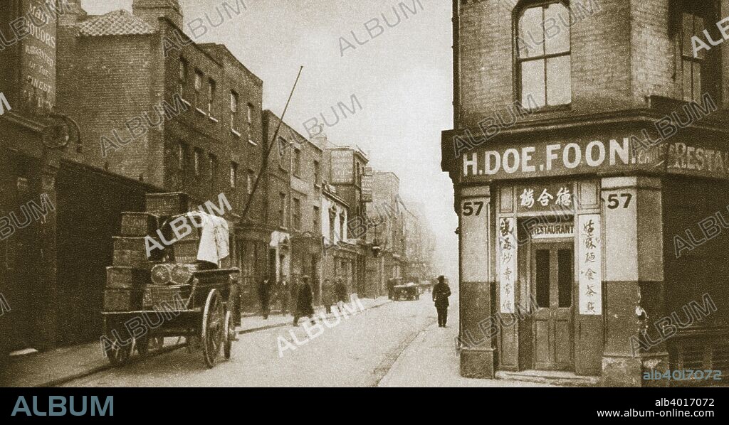 A view of Pennyfields, Chinatown, London, 20th century. A Chinese community began to become established in Limehouse on the banks of the Thames in East London in the late 18th century. The area was heavily bombed during the Second World War, after which London's Chinatown moved to its present location in Soho.