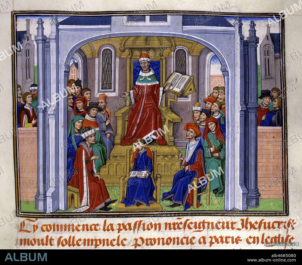 Tribunal. Enluminure par Loyset LIEDET (atelier de David Aubert) provenant du Miroir d'humilite par Jean de GERSON (1363-1429), edition de 1462. Manuscrit medieval conserve a la bibliotheque municipale de Valenciennes. Credit Collection JEAN VIGNE/KHARBINE TAPABOR.