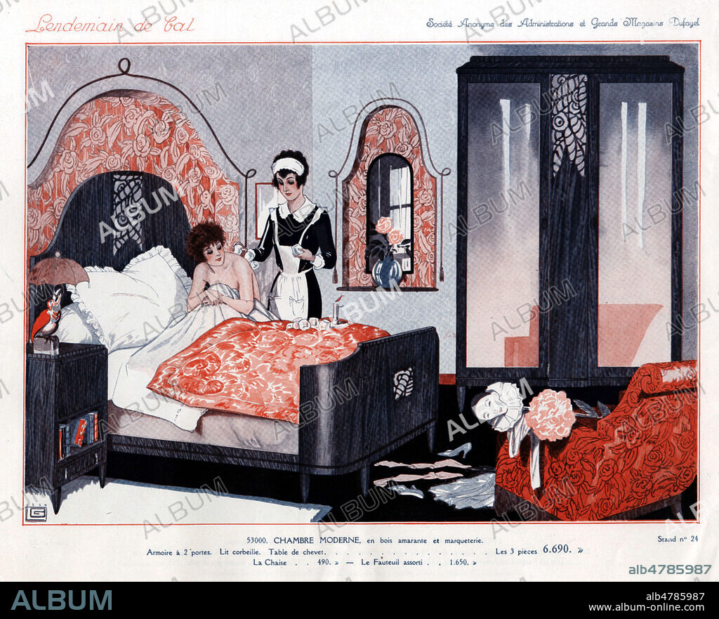 'Chambre moderne en bois amarante et marqueterie' : une servante applique des ventouses sur sa maitresse "Lendemain de bal". Catalogue des meubles et tapis du Palais de la Nouveaute, datant de 1924. Illustration anonyme. Credit : Collection IM/KHARBINE-TAPABOR.