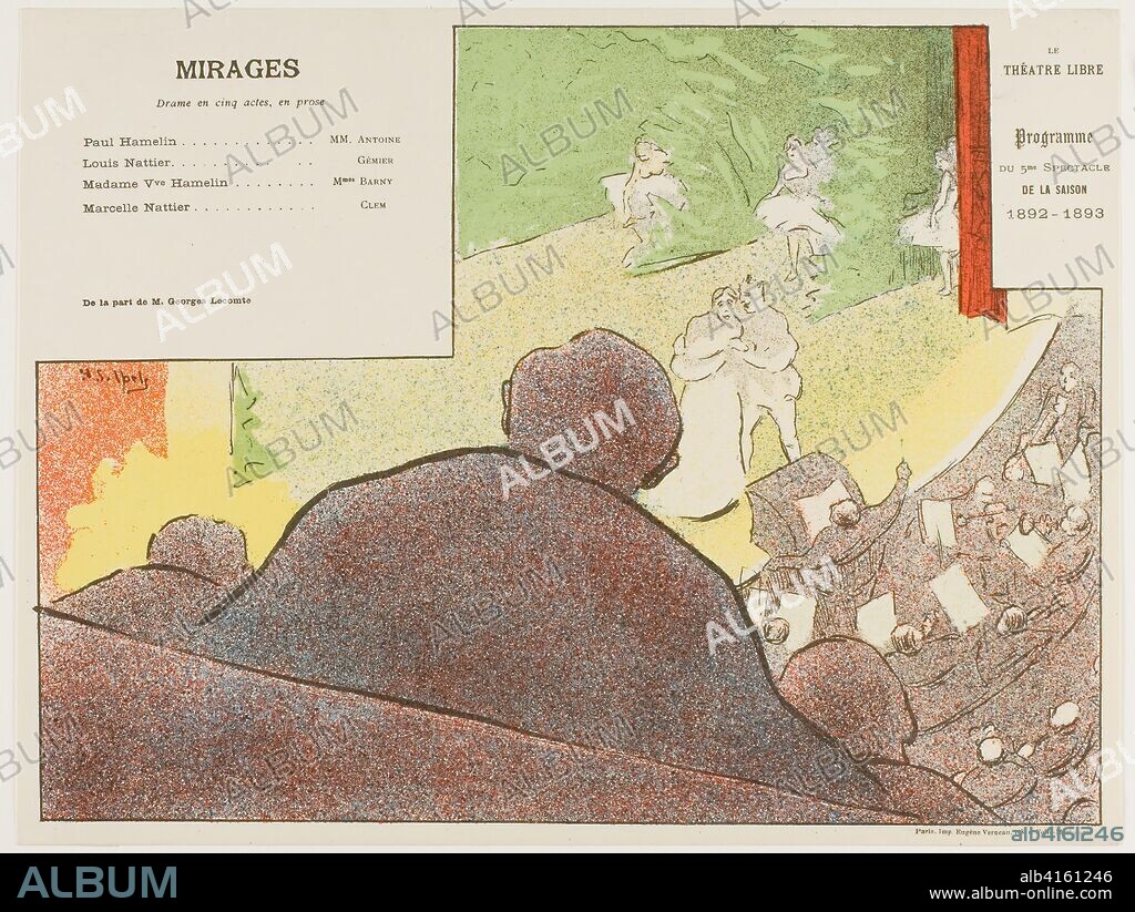 Fifth Performance: Mirages, for Le Théatre Libre. Henri-Gabriel Ibels (French, 1867-1936); printed by Imprimerie Eugène Verneau (French, 19th century-1906). Date: 1892-1893. Dimensions: 227 × 301 mm (image); 237 × 313 mm (sheet). Color lithograph on ivory wove paper. Origin: France.