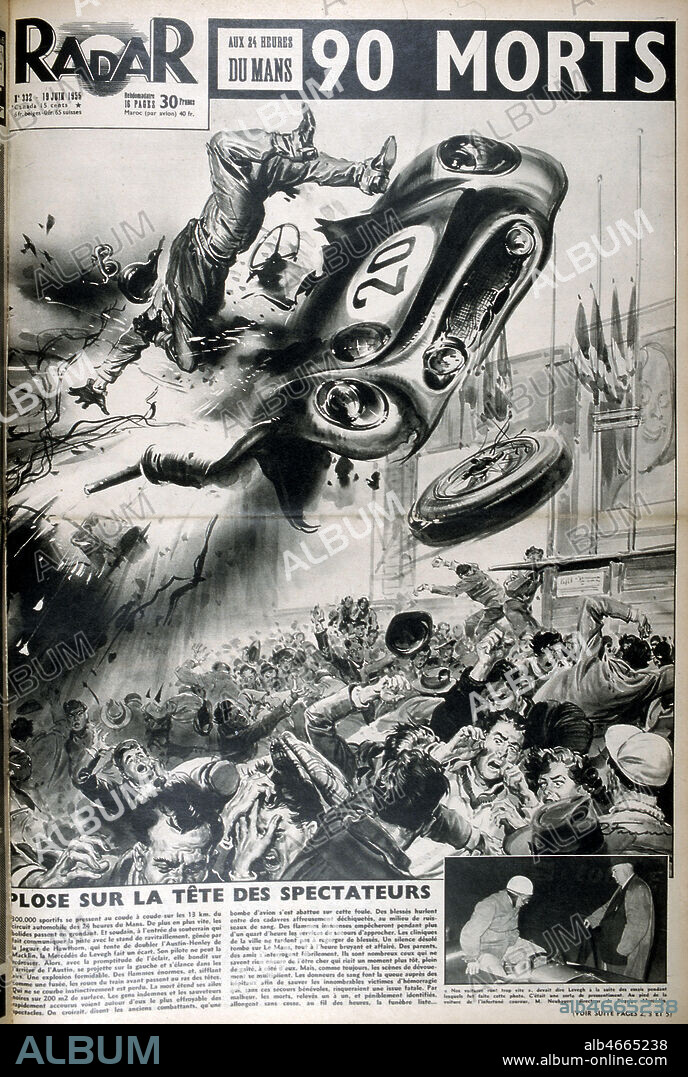 L'accident du 11 juin 1955 aux 24 heures du Mans, la Mercedes de Pierre LEVEGH (1905-1955) s'ecrase dans la foule lors des premiers tours du Mans et cause la mort de 90 victimes dont le pilote ill. Rino FERRARI (1911-1986 = ADAGP) . Credit : Collection KHARBINE-TAPABOR.