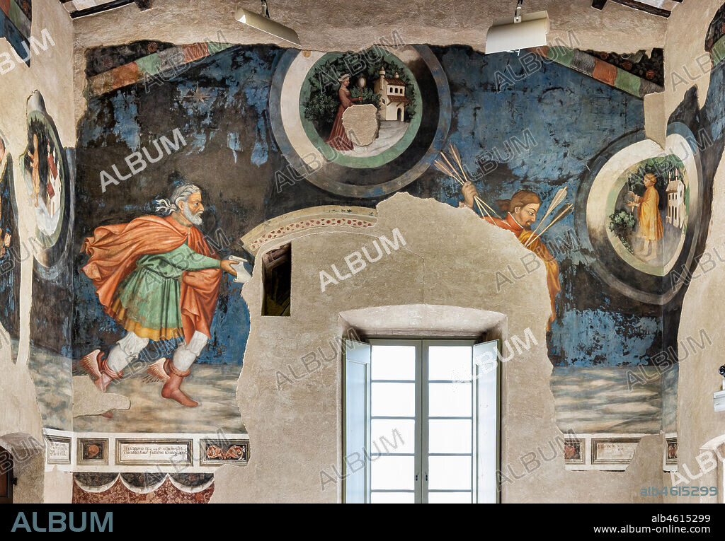 Foligno, Trinci Palace: The Hall of Liberal Arts and Planets. In this hall the symbolic figures of the seven planets are represented (Moon, Mars, Mercury, Jupiter, Venus, Saturn, Sun) following the order of the days of the week. Each planet oversees a phase of human life that is depicted inside concentric disks where in the middle zone, the Air, the Sun and the Moon define a specific time of day. On the north wall of the Hall the Arts of Trivio (Grammar, Dialectic, Rhetoric) and of the Quadrivium (Arithmetic, Music, Geometry and Astronomy) were depicted, according to a hierarchical order of learning that leads to the point of arrival of all human knowledge, Philosophy , which triumphs in the center of the wall opposite the window. Each planet influences a phase of human life, at each stage of human life corresponds, in the learning scale, a different discipline, each discipline is similar, for its properties, to one of the celestial spheres. The decoration is entrusted to Gentile da Fabriano, the greatest exponent of international Gothic in Italy, with aids (Jacopo Bellini, Paolo Nocchi, Francesco Giambono from Bologna and Domenico da Padova's Battista), and realized the 1411 and 1412 trails. Detail of Mercury on the left, the Childhood at the centre and the Adolescence on the right.