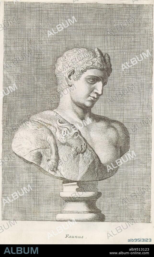Bust of Pan, Faunus (title on object), Classic bust of Pan with the skin of a buck over his shoulder and two horns on his head. The print is part of an album of prints after sculptures in the collection of Gerard Reynst., print maker: Hubert Quellinus, print maker: Gerard de Lairesse, (rejected attribution), Antwerp, 1646 - 1670, paper, engraving, height 325 mm × width 196 mm.