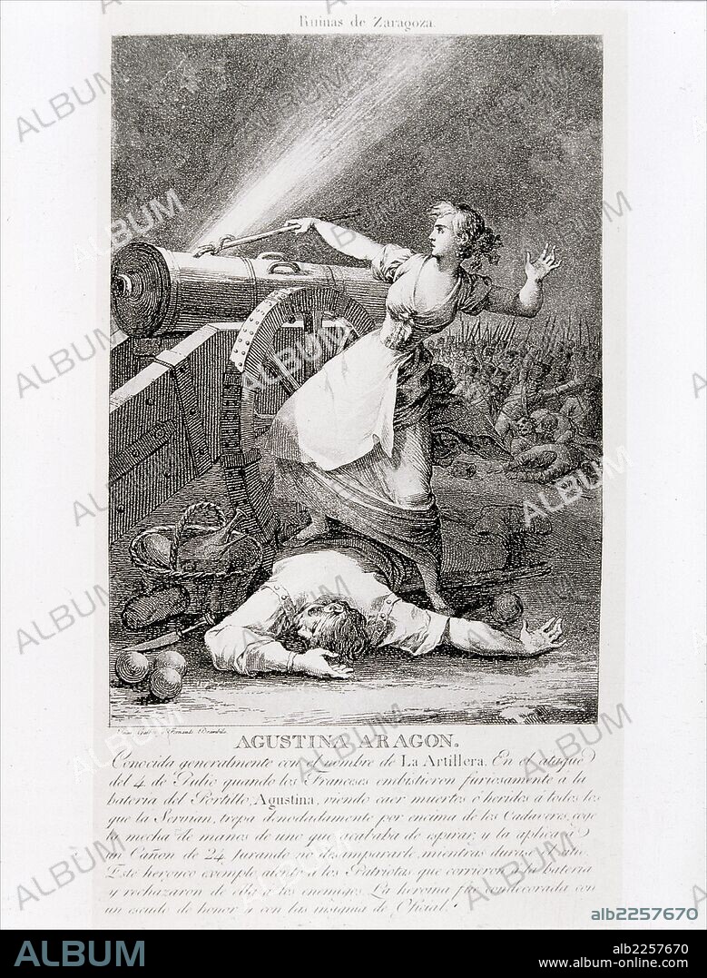 AGUSTINA DE ARAGON. AGUSTINA ZARAGOZA Y DOMENECH. HEROINA DE LA GUERRA DE LA INDEPENDENCIA. BARCELONA 1790 - 1858. " DEFENSA HEROICA DEL SITIO DE ZARAGOZA ". GRABADO.