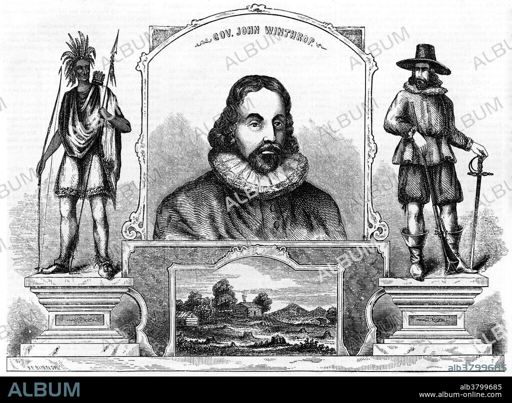 Engraving entitled: "Gov. John Winthrop, In honor of the birthday of Governor John Winthrop, born June 12, 1587." He is shown flanked by statues of a Native American and a pilgrim. John Winthrop (1587 or 1588-1649) was a founder of the Massachusetts Bay Colony, the first major settlement in New England after Plymouth Colony. He led the first large wave of migrants from England in 1630, and served as governor for 12 of the colony's first 20 years of existence. His writings and vision of the colony as a Puritan "city upon a hill" dominated New England colonial development, influencing the government and religion of neighboring colonies.