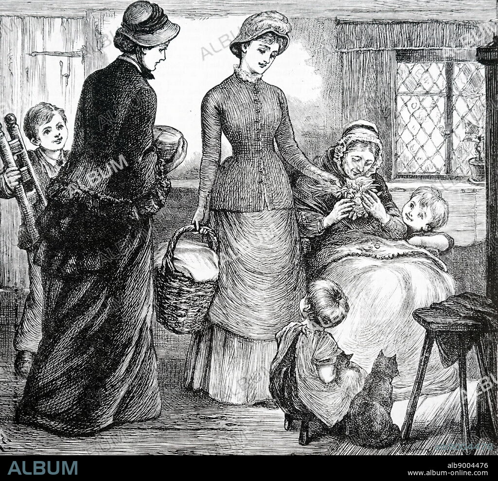 Illustration depicting a woman giving gifts to a poor cottager. Illustrated by Mary Ellen Edwards (1838-1934) an English artist. Dated 19th Century.