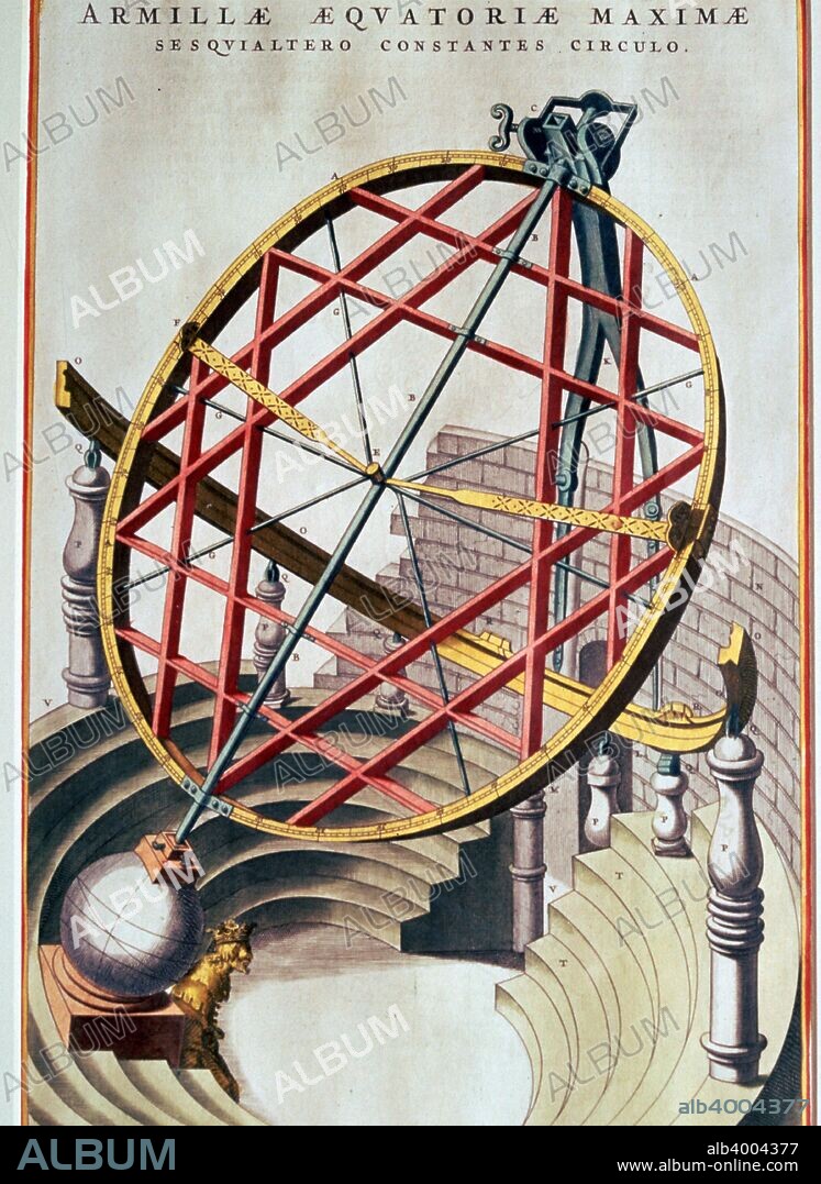 The Equatorial Armillary of Tycho Brahe, built on the Danish isle of Huen to measure celestial latitude and longitude. This illustration is from Blaeu's 'Le Grand Atlas' of 1662.