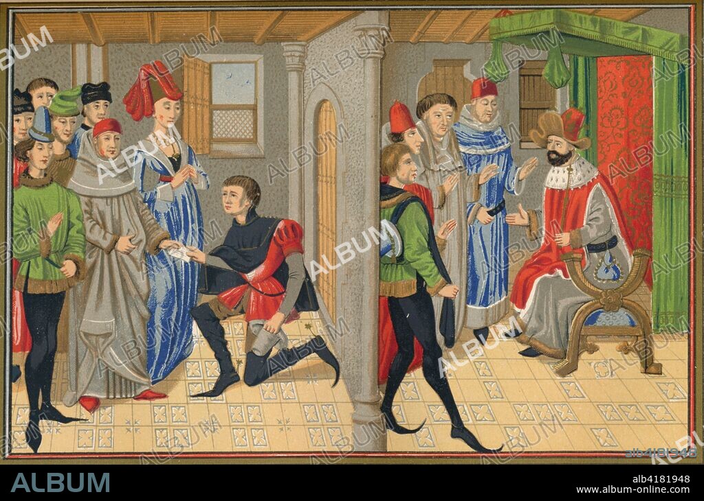 Scene from the tale of Renaud De Montauban, 15th century, (1849). On the left a messenger brings a letter, and on the right is the Emperor Charlemagne (742-814 AD). Illustration to the 12th-century tale of Renaud De Montauban, the hero of a French chanson de geste (a type of epic poem dealing with heroic deeds) known as "Les Quatre Fils Aymon", (The Four Sons of Aymon). Facsimile of an illuminated manuscript in the Bibliotheque Nationale de France in Paris. From Volume 2 of "Le Moyen Age Et La Renaissance", (The Middle Ages and the Renaissance), edited by Paul Lacroix, artistic direction by Ferdinand Seré [Paris, 1849].