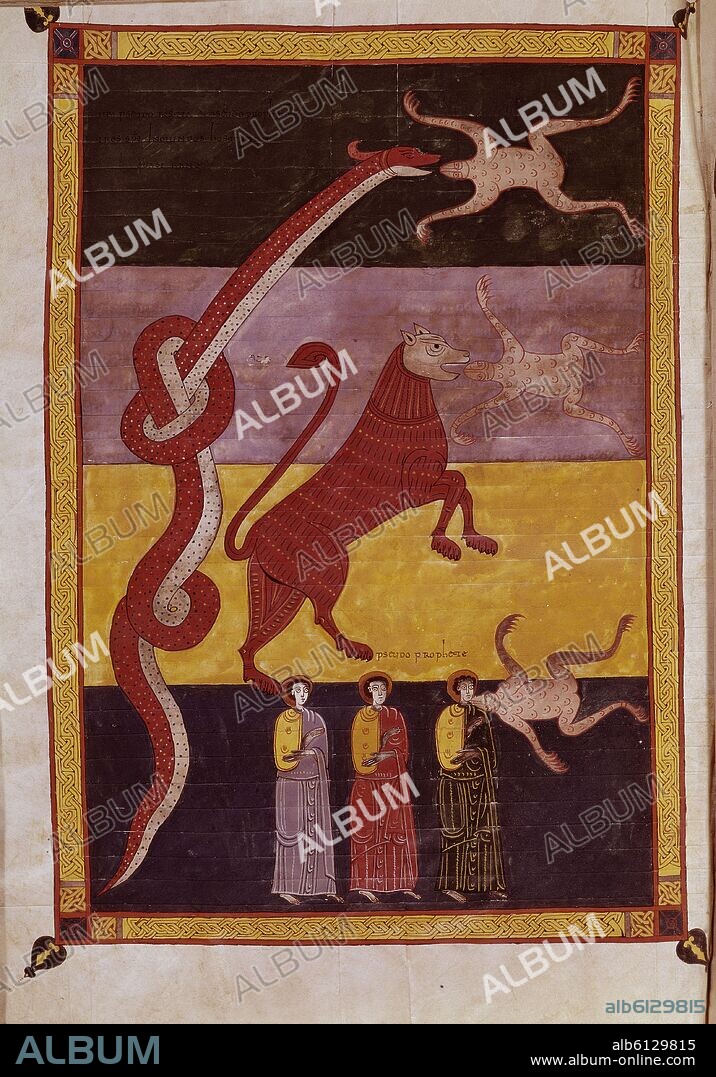 BEATO DE LIEBANA. COMENTARIOS AL APOCALIPSIS F217V, DE LA BOCA DEL DRAGON, LA BESTIA Y EL FALSO PROFETA SALEN TRES ESPIRITUS INMUNDOS EN FORMA DE RANA.