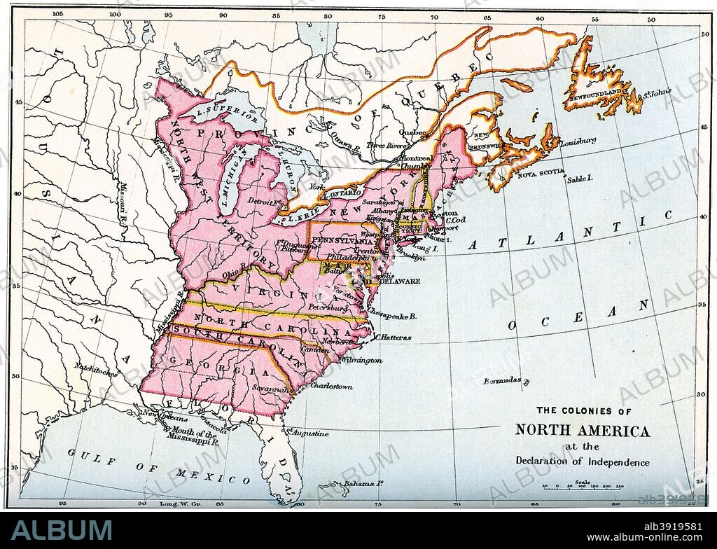 The colonies of North America at the declaration of independence, 1776 (1894). An illustration from A Short History of the English People, by John Richard Green, illustrated edition, Volume IV, Macmillan and Co, London, New York, 1894.