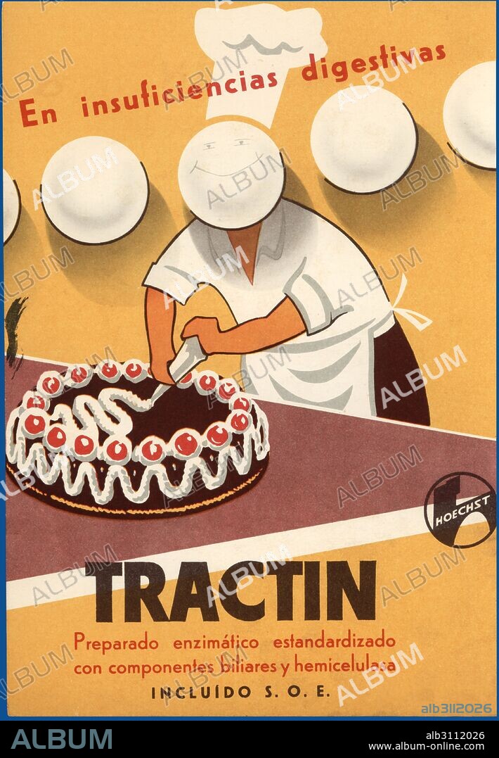Publicidad farmacéutica del preparado enzimático Tractin, de Laboratorios Hoechst. Año 1955.