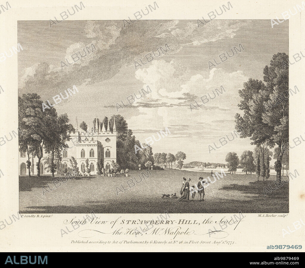 South view of Strawberry Hill, near Twickenham. Gothic Revival villa built for writer, historian and politician, Horace Walpole, 1717-1797. Gentleman and ladies with dogs strolling in the gardens in front of the castellated mansion. Designed by amateur architect John Chute and designer Richard Bentley. Copperplate engraving by Michael Angelo Rooker after an illustration by Paul Sandby from The Copper Plate Magazine or Monthly Treasure, G. Kearsley, London, August 1, 1775.