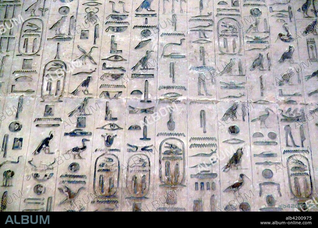 reliefs inside the Pyramid Complex of Unas. at Saqqara. near Cairo in Egypt. It was built for pharaoh Unas. the ninth and final king of the Fifth Dynasty in the mid 24th century BC. the pyramid of Unas is the first to have texts on the walls of its burial chambers. The spells of these Pyramid Texts were thought to be useful to the dead king in the afterlife. some were recited during his burial ceremonies.