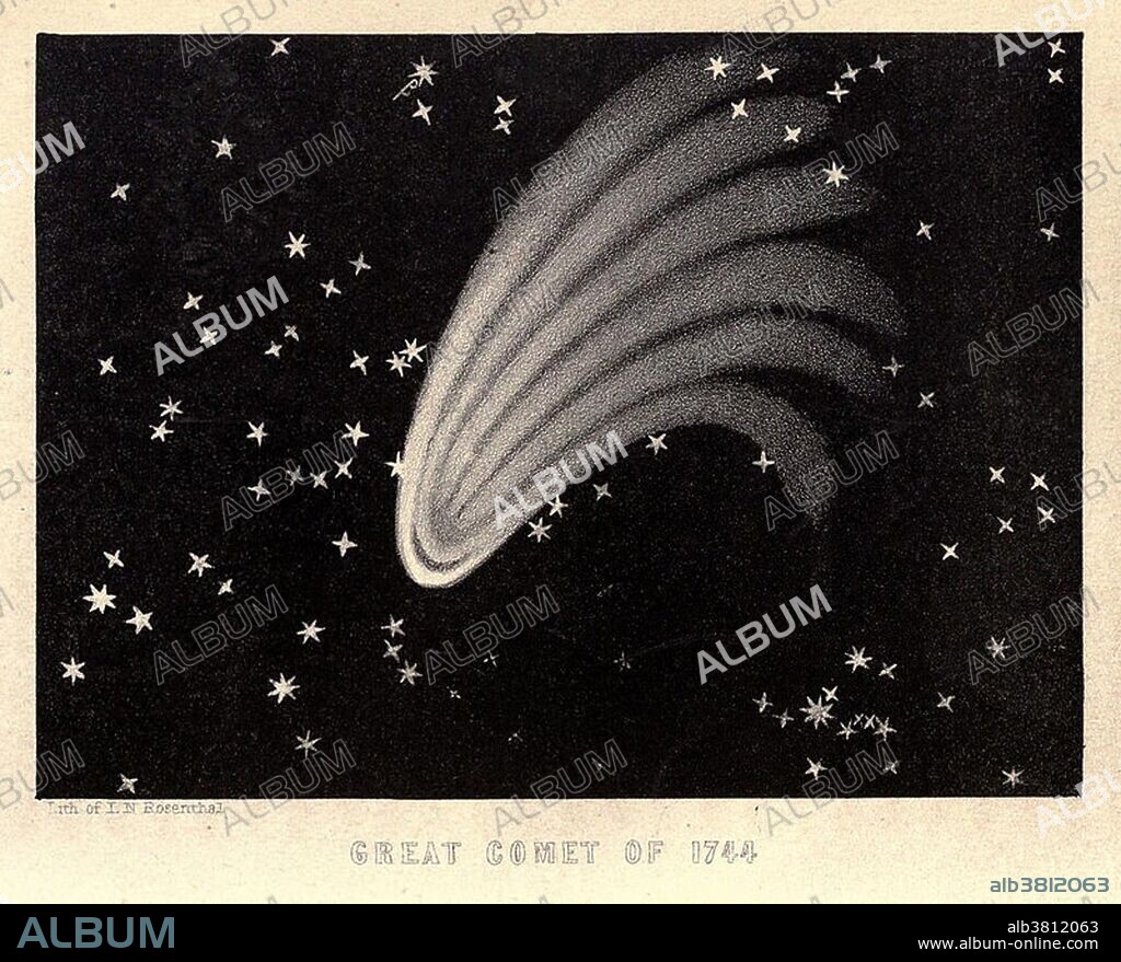 The Great Comet of 1744, whose official designation is C/1743 X1, and which is also known as Comet de ChÃ©seaux or Comet Klinkenberg-ChÃ©seaux, was a spectacular comet that was observed during 1743 and 1744. It was discovered independently in late November 1743 by Jan de Munck, in the second week of December by Dirk Klinkenberg, and, four days later, by Jean-Philippe de ChÃ©seaux. It became visible with the naked eye for several months in 1744 and displayed dramatic and unusual effects in the sky. This comet is noted especially for developing a 'fan' of six tails after reaching its perihelion. Among those who saw the comet was the 13 year old Charles Messier, on whom it had a profound and inspirational effect. He went on to become a significant figure in astronomy, and later discovered many comets during his observations. Image from A Popular Treatise on Comets (1861) by James C. Watson.