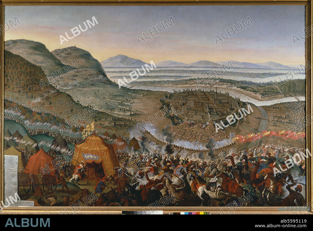 FRANS GEFFELS. Großer Türkenkrieg 1683-99:. Schlacht am Kahlenberg 12. Sept. 1683. (Entsatz des belagerten Wien unter dem poln. König Johann III. Sobieski). "Die Entsatzschlacht vor Wien". (im Vordergrund: Sobieski erstürmt das-Zelt des Kara Mustafa). Gemälde, um 1688, von Franz Geffels. 1625-94), Öl auf Leinwand, 184 × 272 cm. Wien, Wien Museum.