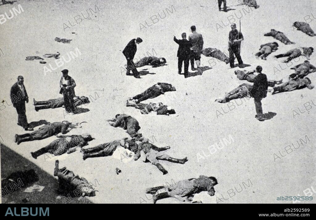 Spanish Civil War, 19th July 1936,  Republican casualties after the capture of the mountain headquarters near Madrid  by nationalist forces.