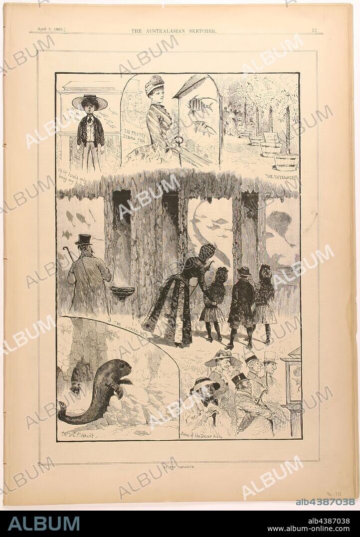Newspaper - 'At the Aquarium', The Australasian Sketcher, Melbourne, 8 Apr 1885, Copy of The Australian Sketcher, no. 191, vol. XIII, Melbourne, Saturday, 8 April 1885, pp. 49-64. Page 49 is the front page of the newspaper and has a highly decorative masthead and depicts the word 'Australasian' in an unfurling banner, with side foliate motifs, an artist's palette and brushes, and an ornamented 'Sketcher' with a winged female form emerging from the 'S'. Page 57 consists of a.