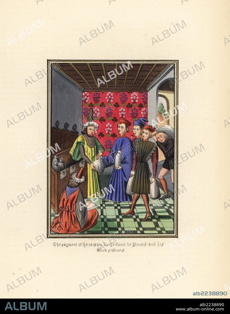 The payment of the ransom to Sultan Bayezid for John the Fearless, Count of Nevers, (1371-1419) and his fellow prisoners after the battle of Nicopolis, 1397. Handcoloured lithograph after an illuminated manuscript from Sir John Froissart's "Chronicles of England, France, Spain and the Adjoining Countries, from the Latter Part of the Reign of Edward II to the Coronation of Henry IV," George Routledge, London, 1868.